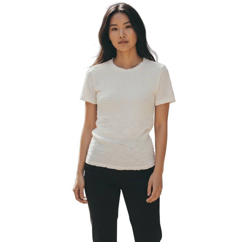 Vince Textured Knit Short Sleeve Top Women's S‎ Cream Crinkle Stretch